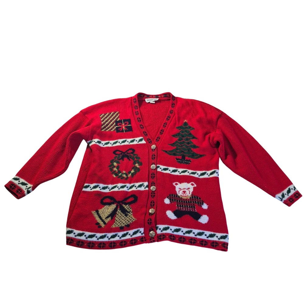 Private Eyes Vtg Christmas Cardigan Womens‎ Holiday Ugly Sweater Estimated L/XL